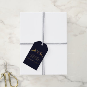 Merry Christmas Family Monogram Gold Deer Navy Gift Tags