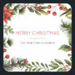 Merry Christmas Family Name Berries Greenery Square Sticker<br><div class="desc">Merry Christmas Family Name Berries Greenery Square Sticker you can easily customise by clicking the "Personalise" button.</div>