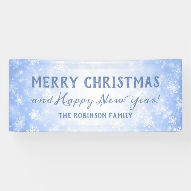 Merry Christmas Family Name Blue Winter Wonder Banner (Horizontal)