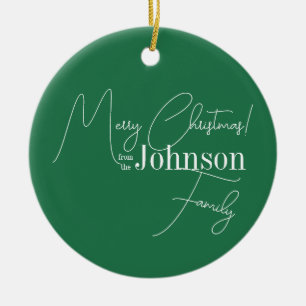Merry Christmas Family Name Green Ceramic Tree Decoration
