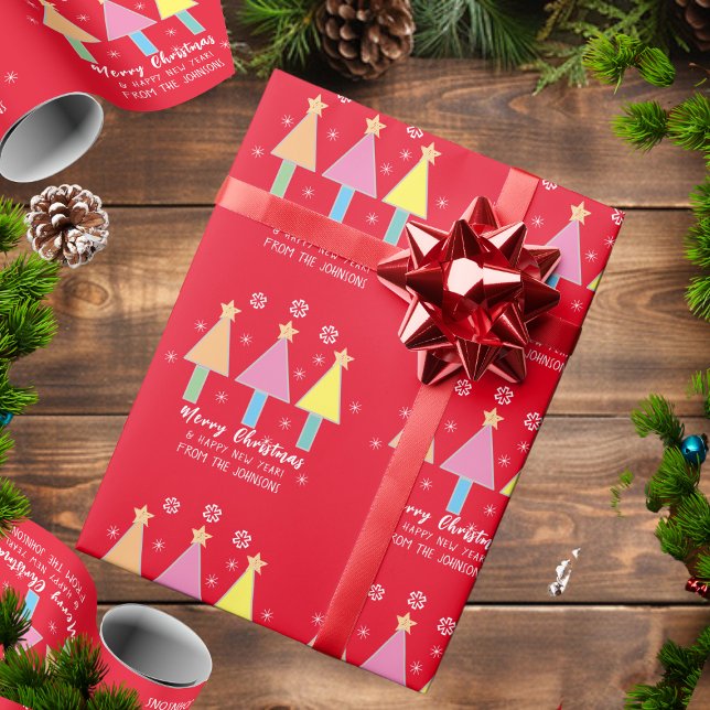 Merry Christmas Family Name Modern Cute Christmas Wrapping Paper (Wrap things up nicely with this cheerful personalized Christmas gift wrap.)