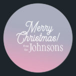 Merry Christmas Family Name Ombre Lilac Pink Classic Round Sticker<br><div class="desc">This is a modern, Christmas design. It is in pink and lilac ombre colours and vintage typography script. It has the message, "Merry Christmas! from the Johnsons". Ideal for your Christmas gift wrap, mailing accessories. envelope seals, and party favour seals. To personalise, simply add your name in the personalise this...</div>