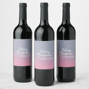 Merry Christmas Family Name Ombre Lilac Pink Wine Label