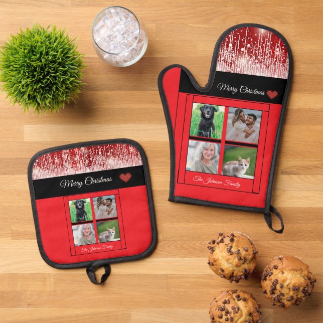 Merry Christmas Family Name Photo Collage Red Oven Mitt & Pot Holder Set (Top Down)