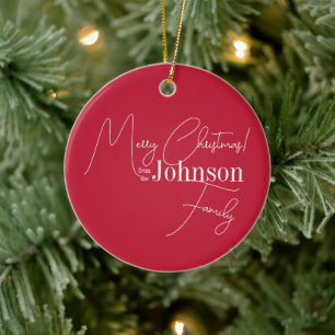 Merry Christmas Family Name Red Ceramic Tree Decoration