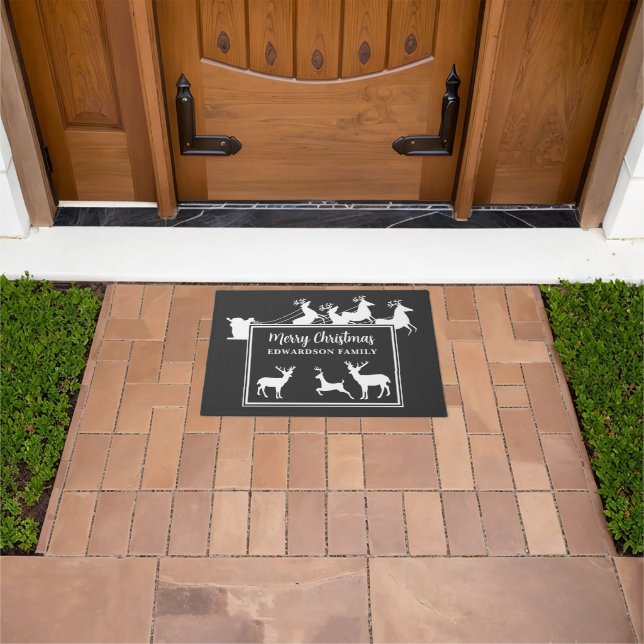 Merry Christmas family name santa and deer Doormat (Outdoor)