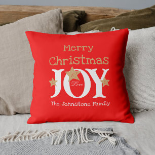 Merry Christmas Family Name Script Joy Red Cushion