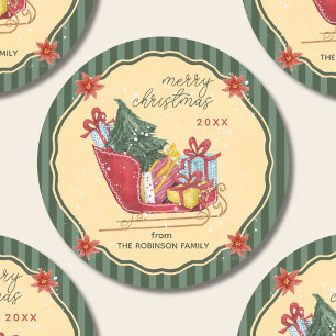 Merry Christmas Family Name Sleigh Green Stripes Classic Round Sticker