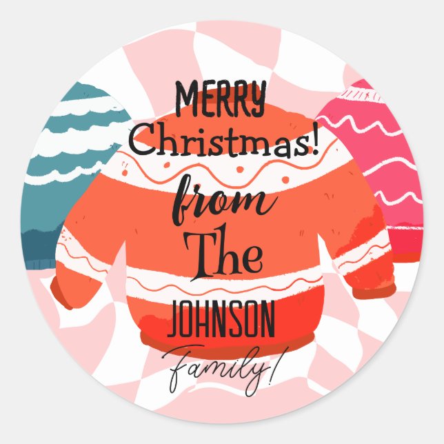 Merry Christmas Family Name Ugly Sweater Pink Classic Round Sticker (Front)