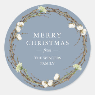 Merry Christmas Family Name Winter Greenery Classic Round Sticker
