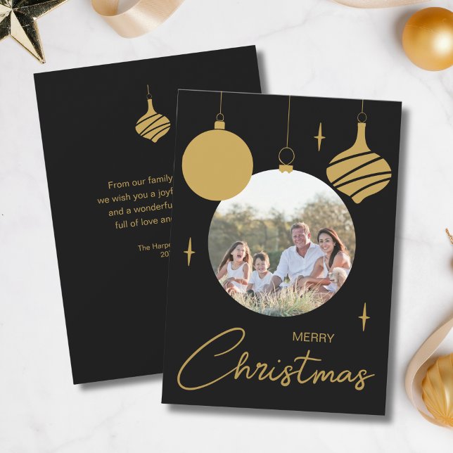 Merry Christmas Family Photo Black and Gold Holiday Card (Merry Christmas Family Photo Black and Gold Holiday Card)
