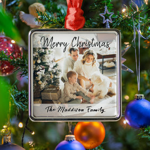 Merry Christmas Family Photo Black & White Script Metal Tree Decoration