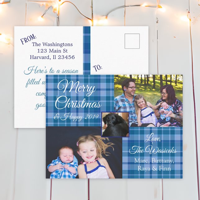 Merry Christmas Family Photo Blue Plaid Postcard (Creator Uploaded)