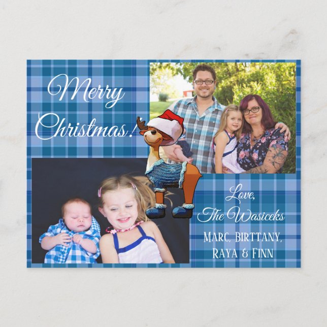 Merry Christmas  Family Photo Blue  Plaid Postcard (Front)