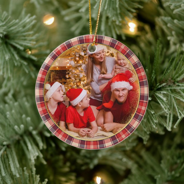 Merry Christmas Family Photo Blue Red Plaid  Ceramic Tree Decoration (Tree)