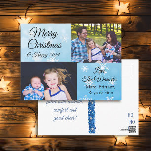 Merry Christmas Family Photo Blue Snowflakes Holiday Postcard