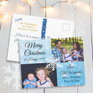 Merry Christmas Family Photo Blue Snowflakes Holiday Postcard