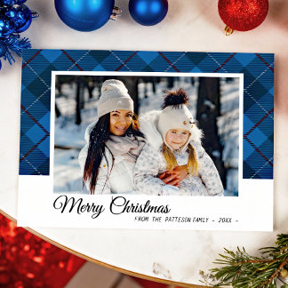 Merry Christmas Family Photo Blue Tartan Style Card