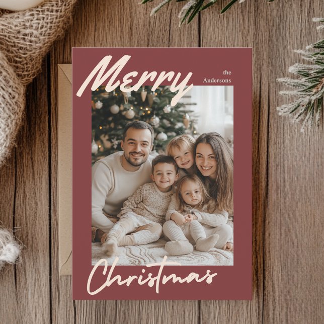 Merry Christmas Family Photo Card | Burgundy Frame (Creator Uploaded)