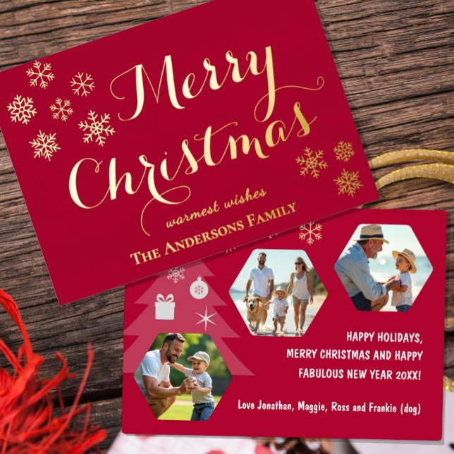 Merry Christmas Family Photo Card, Snowflakes, Red (Merry Christmas Family Photo Card / Real Foil)