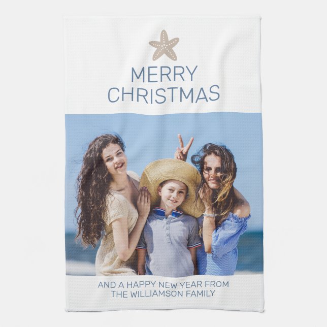 Merry Christmas Family Photo Coastal Tea Towel (Vertical)