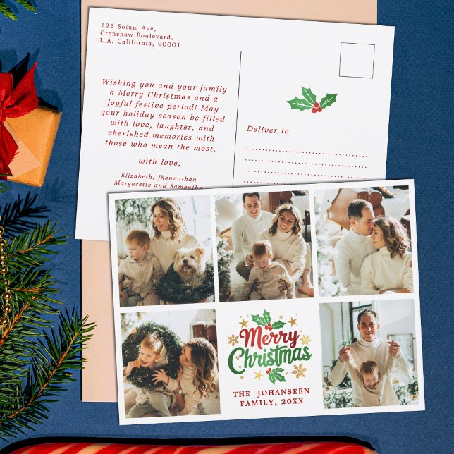 Merry Christmas Family Photo Collage Festive Berry Postcard (Creator Uploaded)