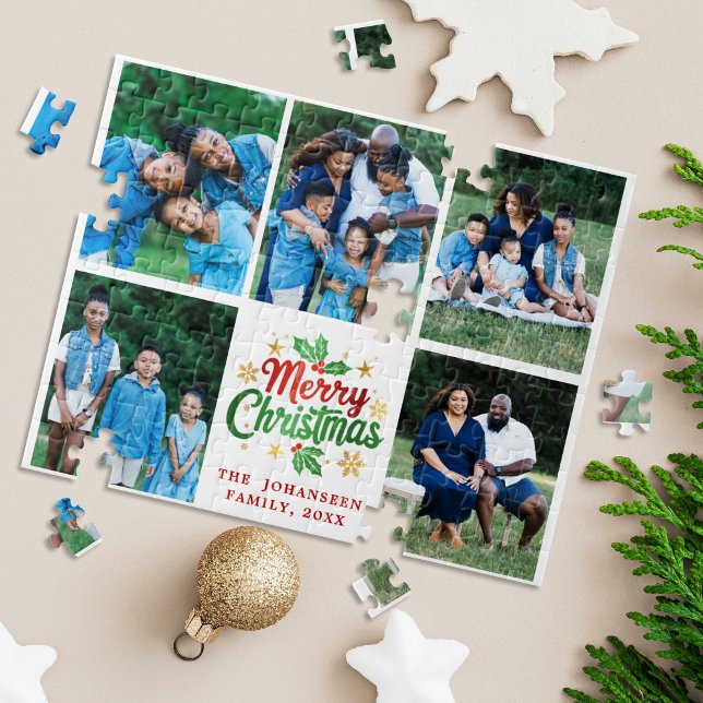 Merry Christmas Family Photo Collage Festive Games Jigsaw Puzzle (Creator Uploaded)