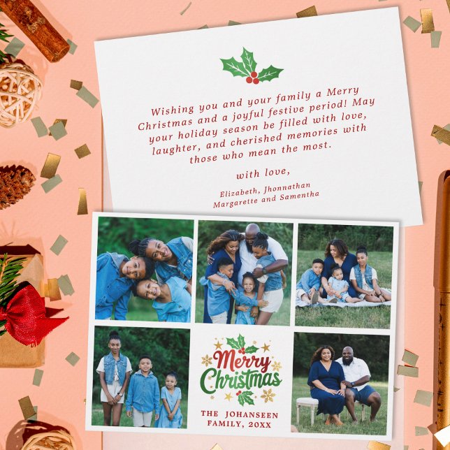 Merry Christmas Family Photo Collage Holly Berry  Holiday Card (Creator Uploaded)