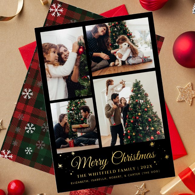 Merry Christmas Family Photo Collage Plaid Gold (Rustic Plaid Christmas Greetings Family Photo Collage Tartan)
