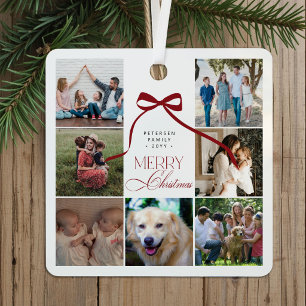 Merry Christmas family photo collage red bow Metal Tree Decoration