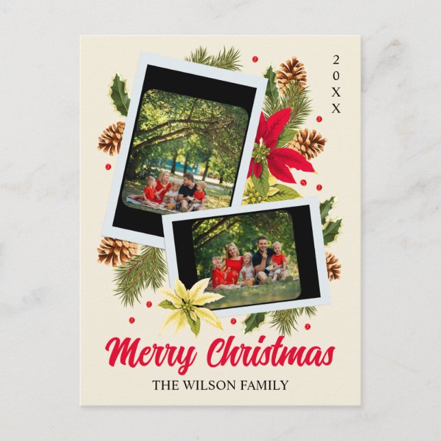 Merry Christmas Family Photo Collage Red Flower Holiday Postcard (Front)