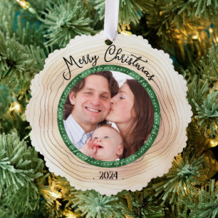 Merry Christmas Family Photo Custom GREEN Tree Decoration Card