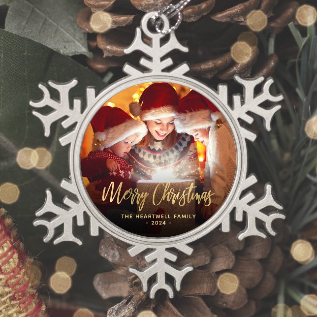 Merry Christmas Family Photo Elegant Gold Script Snowflake Pewter Christmas Ornament (Creator Uploaded)