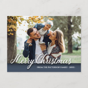 Merry Christmas Family Photo Elegant Modern Blue Postcard