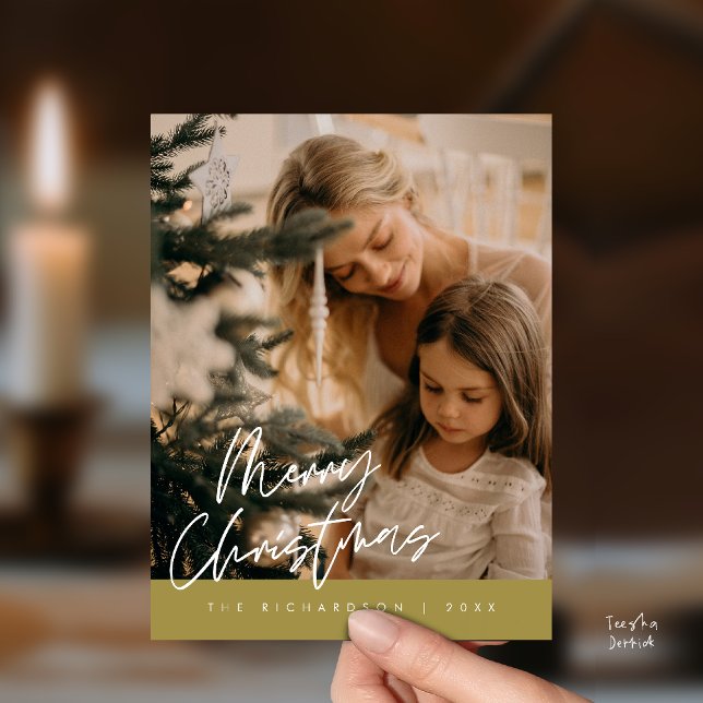 Merry Christmas Family Photo Elegant Typography Postcard (Merry Christmas Family Photo Elegant Cute Typography Postcard in Yellow Gold Theme)