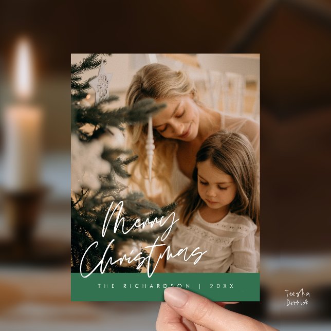 Merry Christmas Family Photo Elegant Typography Postcard (Merry Christmas Family Photo Elegant Cute Typography Postcard in Green Theme)