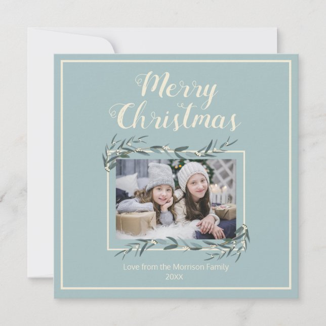 Merry Christmas Family Photo Eucalyptus Sprigs Holiday Card (Front)