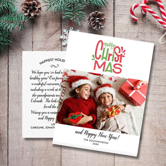Merry Christmas Family Photo Festive Typography Postcard (Creator Uploaded)