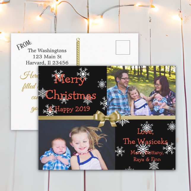 Merry Christmas Family Photo Gold Snowflakes Holiday Postcard (Creator Uploaded)