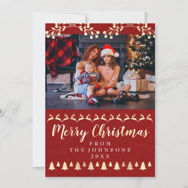 Merry Christmas Family Photo Golden Rustic Classy Holiday Card (Front)
