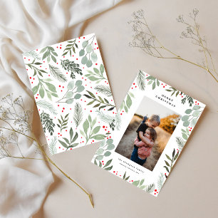 Merry Christmas Family Photo Green Watercolor Card