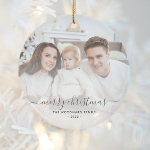 Merry Christmas Family Photo Grey Script Ceramic Tree Decoration