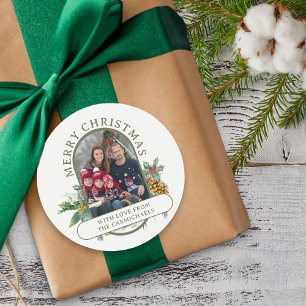 Merry Christmas Family Photo Holly and Pine Classic Round Sticker