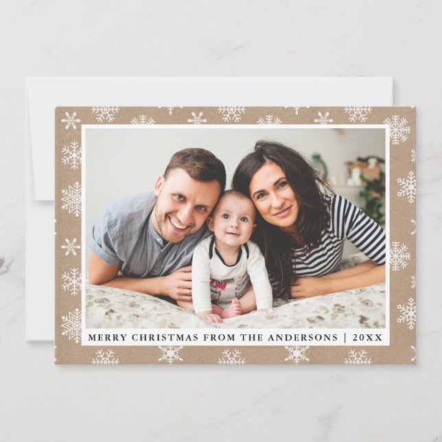 Merry Christmas Family Photo Kraft Snowflake Holiday Card (Front)