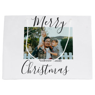 Merry Christmas family photo modern elegant rustic Large Gift Bag