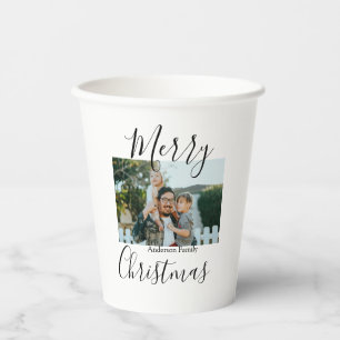 Merry Christmas family photo modern elegant rustic Paper Cups