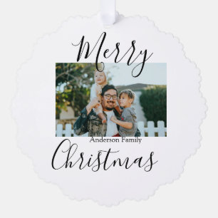 Merry Christmas family photo modern elegant rustic Tree Decoration Card
