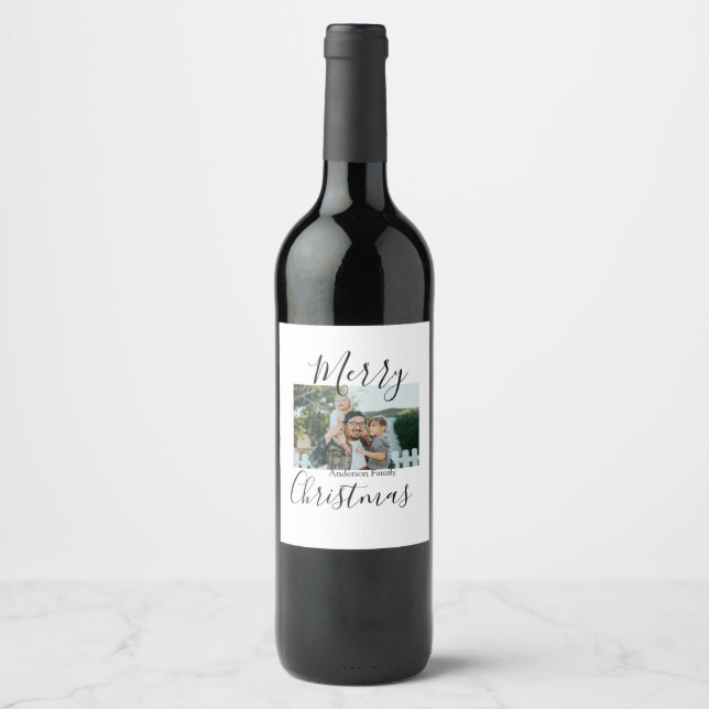 Merry Christmas family photo modern elegant rustic Wine Label (Front)