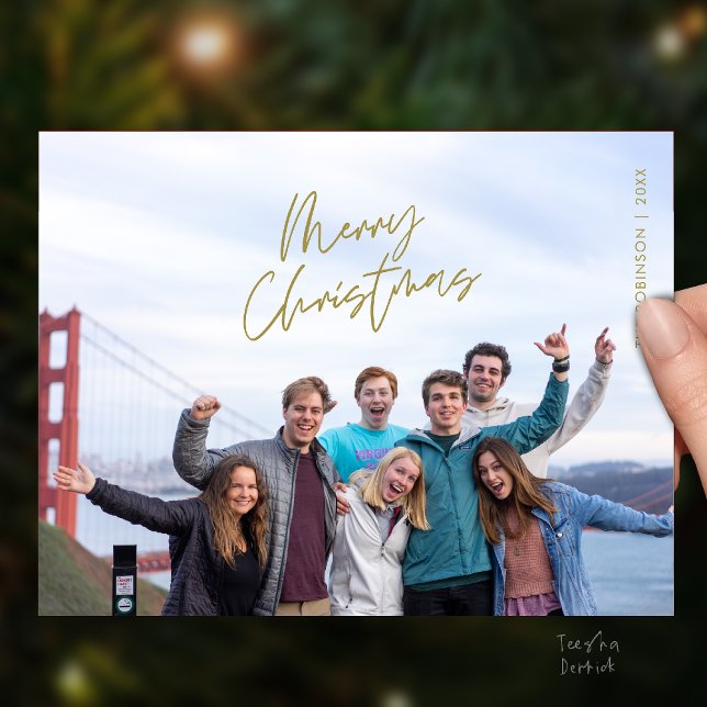 Merry Christmas Family Photo, Modern Minimal Postcard (Merry Christmas Family Photo, Modern Minimal Postcard in Yellow Gold theme)