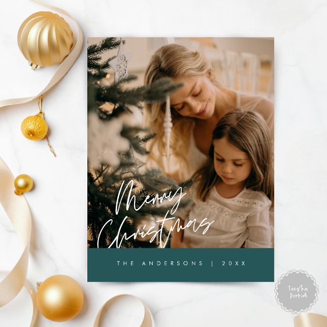 Merry Christmas Family Photo, Navy Blue Postcard (Modern Season Greeting, Merry Christmas Family Photo Postcard in emerald green)